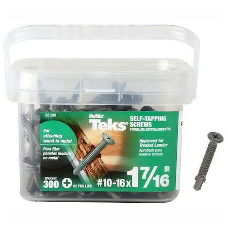 Teks Sheet Metal Screw, #10 x 1-4/9 in, Zinc Plated Steel Flat Head Phillips Drive, 300 PK 21381